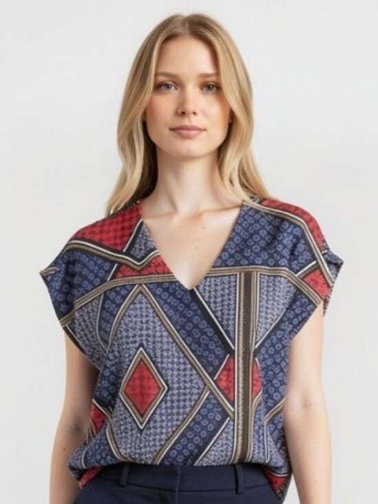 Worthington Tops - Worthington | Women's Top | Sleeveless Geometric Print | Red Blue Gold | XL